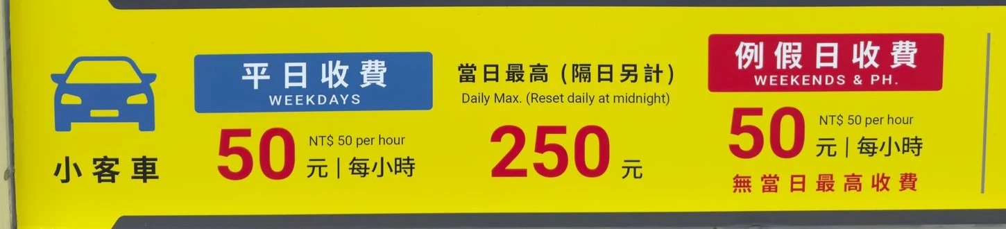 本次停車收費牌：平日每小時 50 元、當日最高 250 元，隔日另計